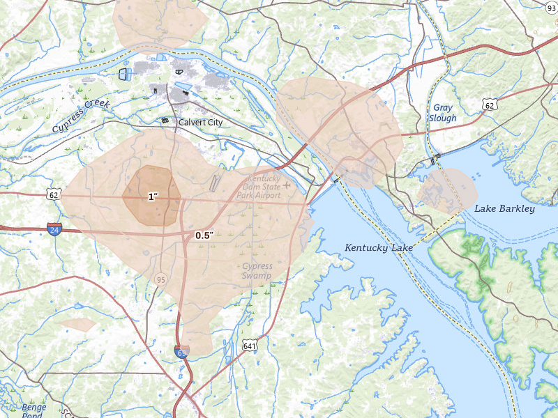Radar-estimated hail-size map of the storm over Gilbertsville, KY on Jun 1, 2026