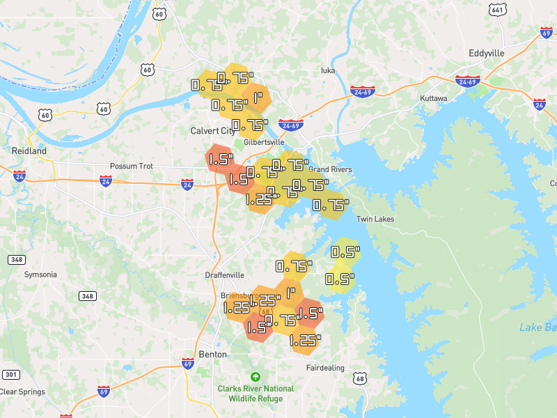 Hail map of Gilbertsville, KY on Jun 1, 2026, hail up to 1.5"