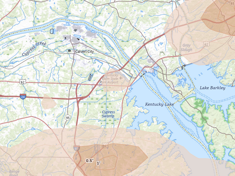 Radar-estimated hail-size map of the storm over Gilbertsville, KY on Jul 9, 2026