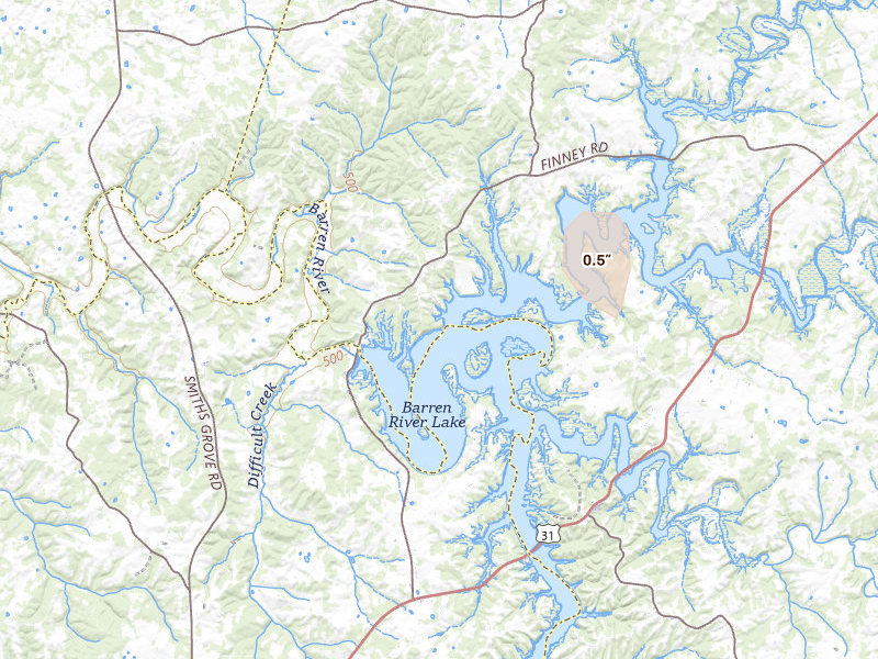 Radar-estimated hail-size map of the storm over Glasgow, KY on Apr 27, 2026