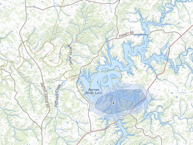 NEXRAD radar-signature map of the hail over Glasgow, KY