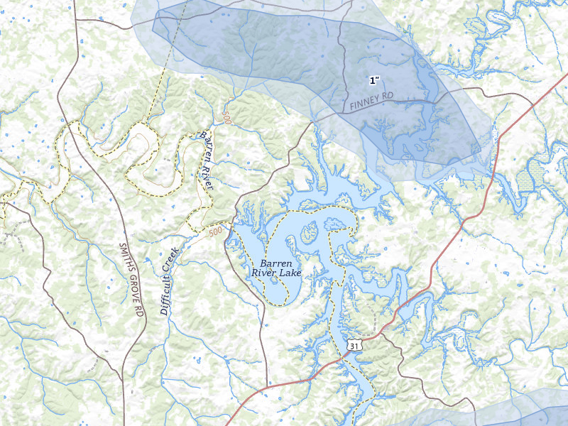 NEXRAD radar-signature map of the hail storm over Glasgow, KY on Jul 10, 2026