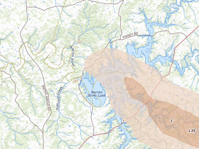 Radar-estimated hail-size map of the storm over Glasgow, KY on Jul 11, 2026