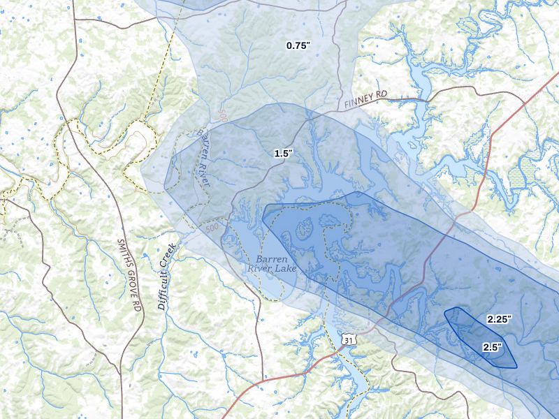 NEXRAD radar-signature map of the hail storm over Glasgow, KY on Jul 11, 2026