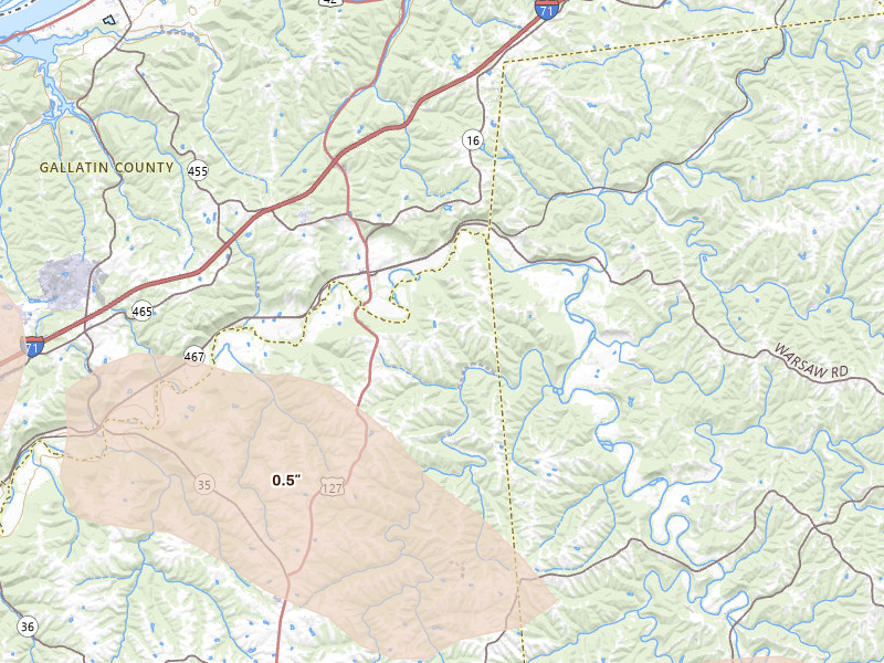 Radar-estimated hail-size map of the storm over Glencoe, KY on Jul 21, 2026