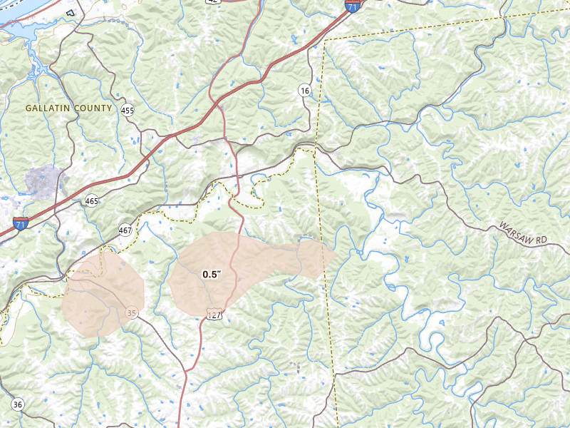 Radar-estimated hail-size map of the storm over Glencoe, KY on Aug 16, 2026