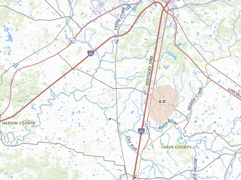 Radar-estimated hail-size map of the storm over Glendale, KY on Jul 21, 2026