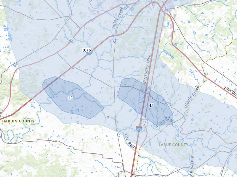 NEXRAD radar-signature map of the hail over Glendale, KY