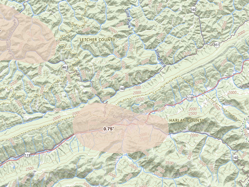 Radar-estimated hail-size map of the storm over Gordon, KY on Aug 11, 2026