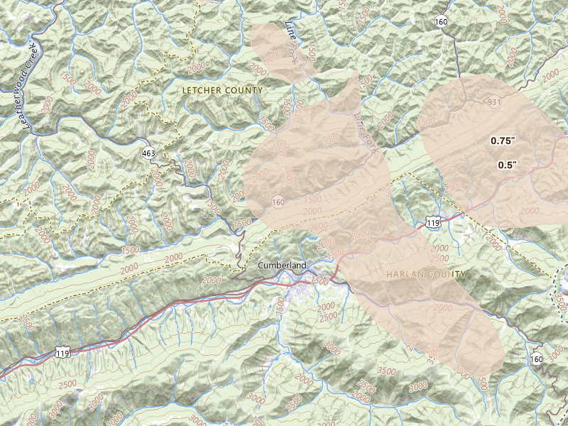 Radar-estimated hail-size map of the storm over Gordon, KY on Sep 5, 2026