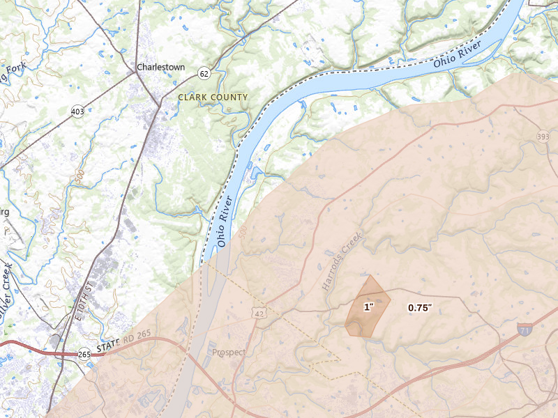 Radar-estimated hail-size map of the storm over Goshen, KY on May 16, 2026