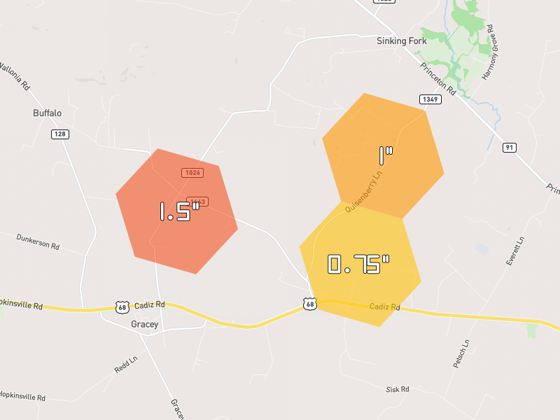 Hail map of Gracey, KY on Jul 5, 2026, hail up to 1.5"