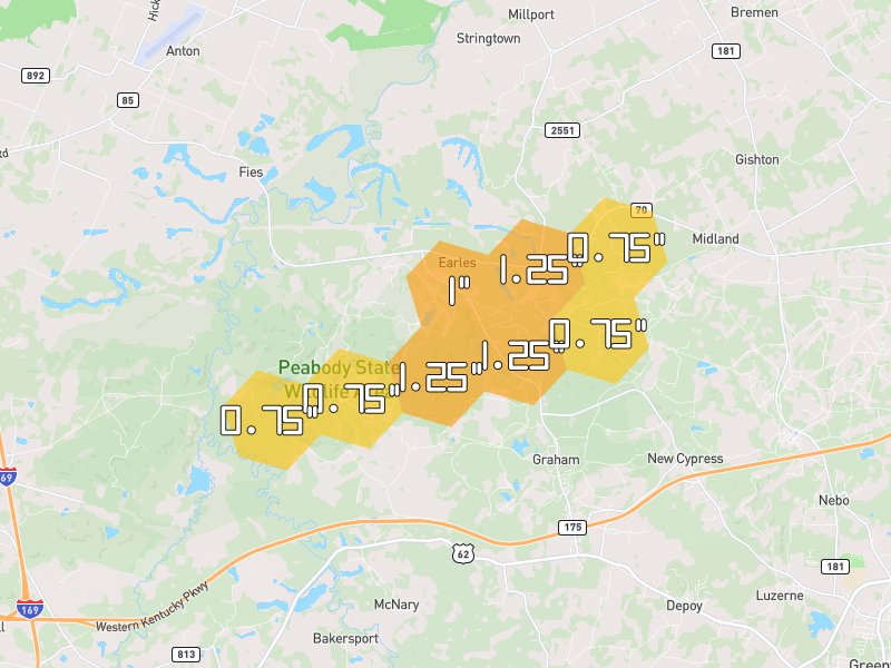 Hail map of Graham, KY on Jul 2, 2026, hail up to 1.25"