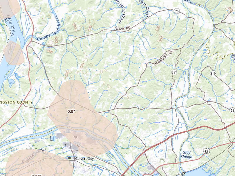 Radar-estimated hail-size map of the storm over Grand Rivers, KY on May 31, 2026
