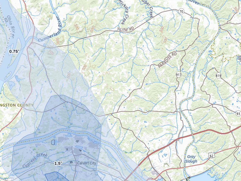 NEXRAD radar-signature map of the hail storm over Grand Rivers, KY on May 31, 2026