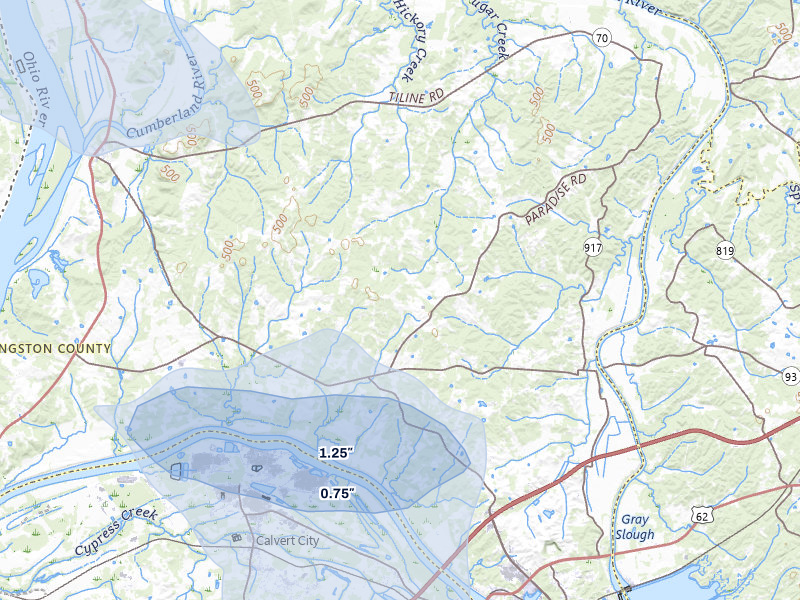 NEXRAD radar-signature map of the hail over Grand Rivers, KY