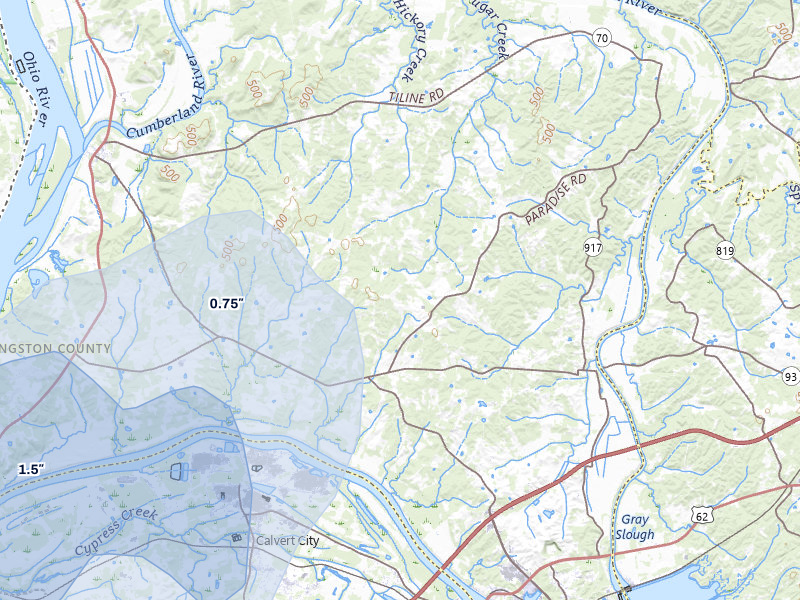 NEXRAD radar-signature map of the hail storm over Grand Rivers, KY on Jul 3, 2026