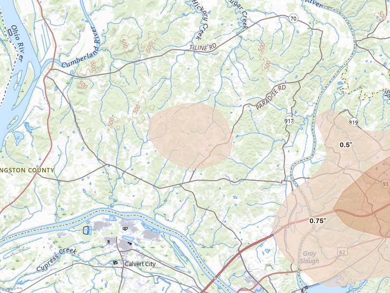 Radar-estimated hail-size map of the storm over Grand Rivers, KY on Jul 9, 2026