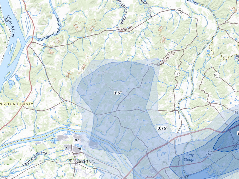 NEXRAD radar-signature map of the hail storm over Grand Rivers, KY on Jul 9, 2026