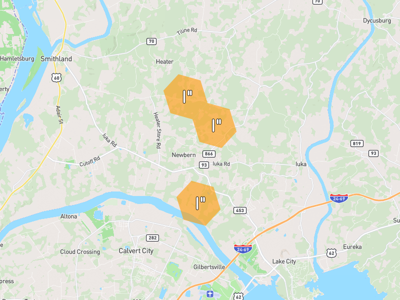 Hail map of Grand Rivers, KY on Jul 10, 2026, hail up to 1"