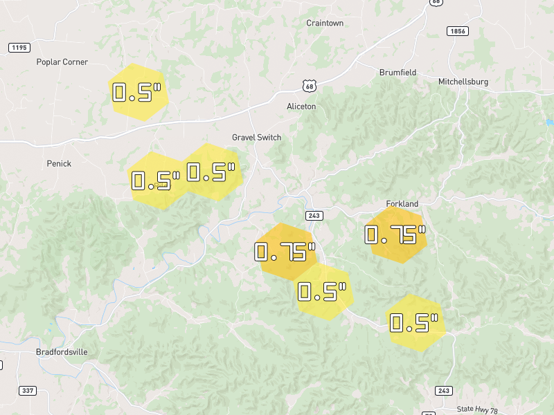 Hail map of Gravel Switch, KY on Jul 21, 2026, hail up to 0.75"