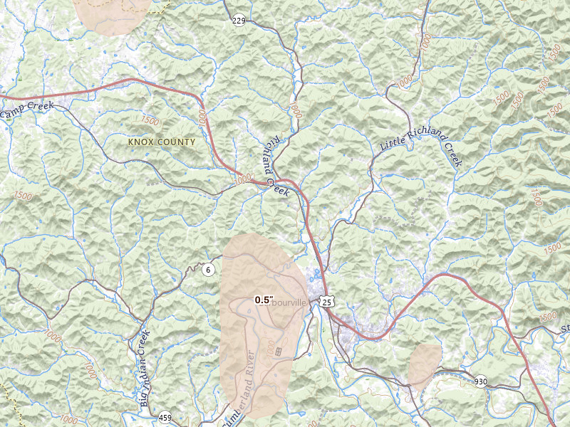 Radar-estimated hail-size map of the storm over Gray, KY on Jul 3, 2026