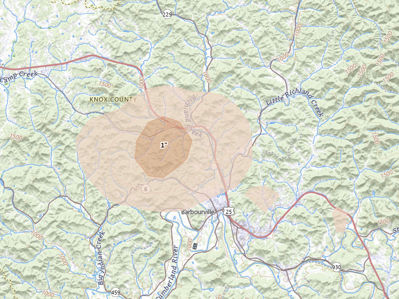 Radar-estimated hail-size map of the storm over Gray, KY on Aug 11, 2026