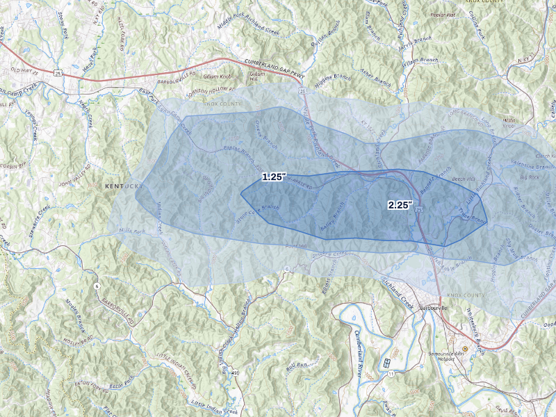 NEXRAD radar-signature map of the hail storm over Gray, KY on Aug 11, 2026