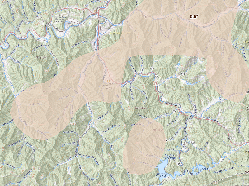 Radar-estimated hail-size map of the storm over Grays Knob, KY