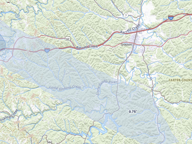 NEXRAD radar-signature map of the hail over Grayson, KY