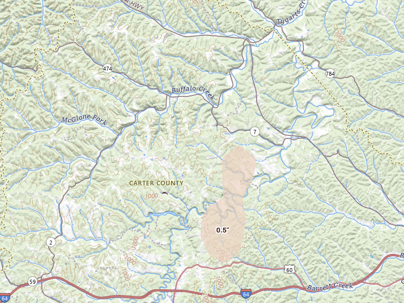 Radar-estimated hail-size map of the storm over Grayson, KY on Aug 7, 2026