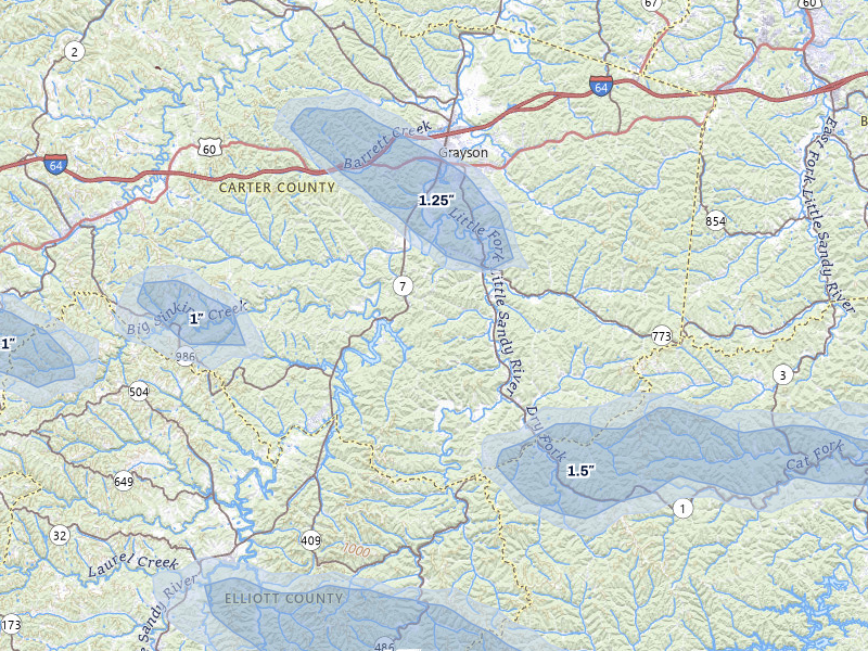 NEXRAD radar-signature map of the hail storm over Grayson, KY on Aug 11, 2026