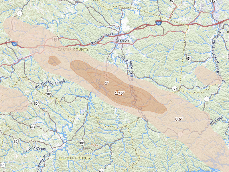 Radar-estimated hail-size map of the storm over Grayson, KY on Aug 16, 2026