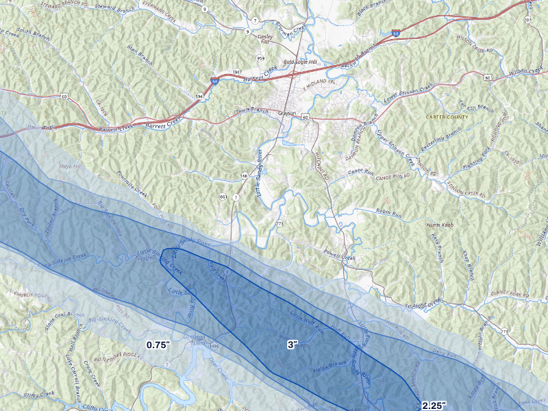 NEXRAD radar-signature map of the hail storm over Grayson, KY on Aug 16, 2026