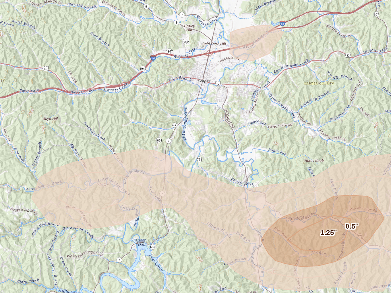 Radar-estimated hail-size map of the storm over Grayson, KY