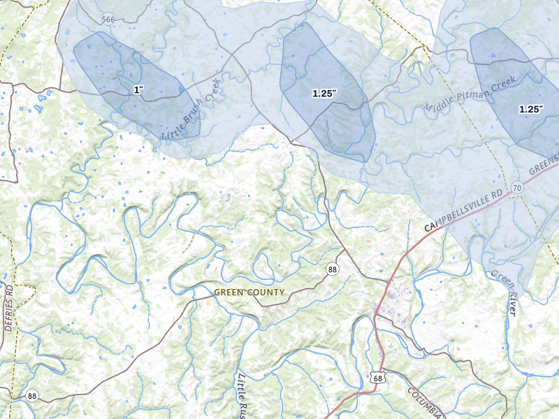 NEXRAD radar-signature map of the hail over Greensburg, KY