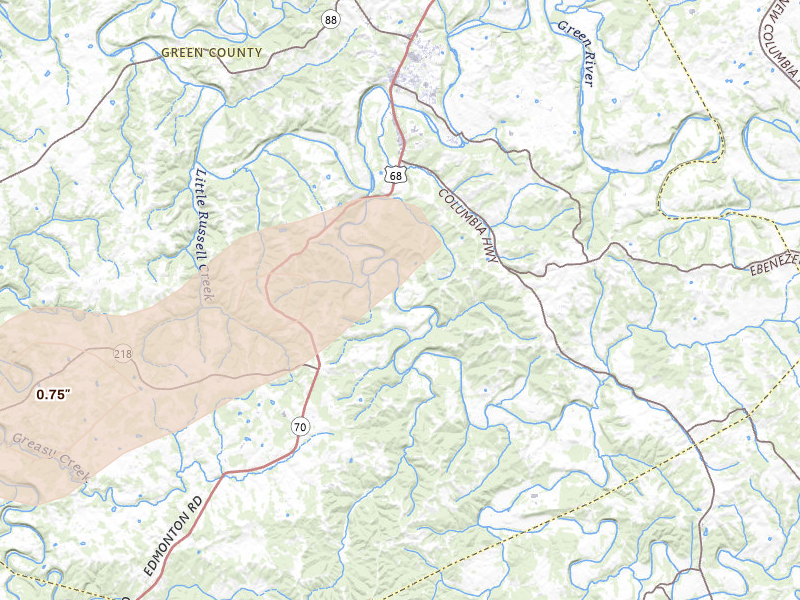 Radar-estimated hail-size map of the storm over Greensburg, KY on Jul 4, 2026