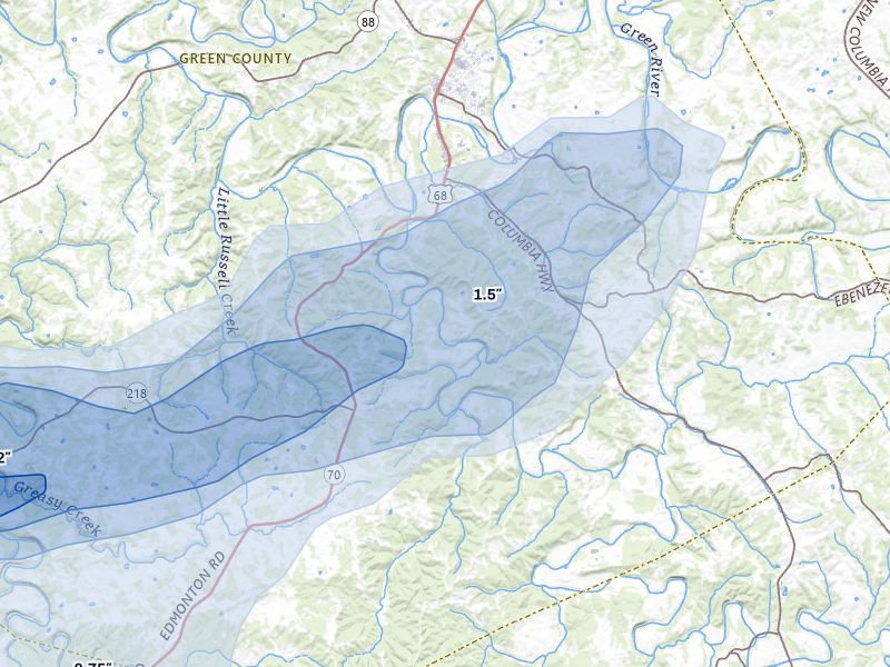 NEXRAD radar-signature map of the hail over Greensburg, KY