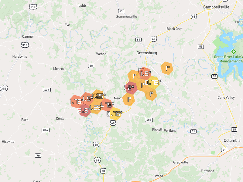 Hail map of Greensburg, KY on Jul 5, 2026, hail up to 2.5"