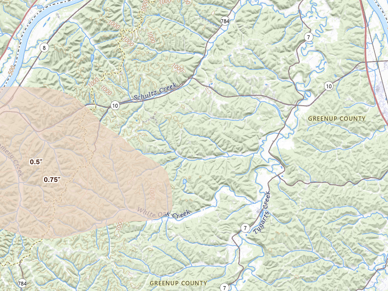 Radar-estimated hail-size map of the storm over Greenup, KY on Jul 21, 2026