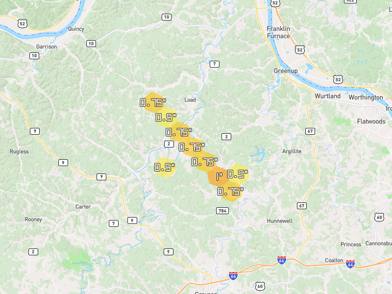 Hail map of Greenup, KY on Jul 21, 2026, hail up to 1"