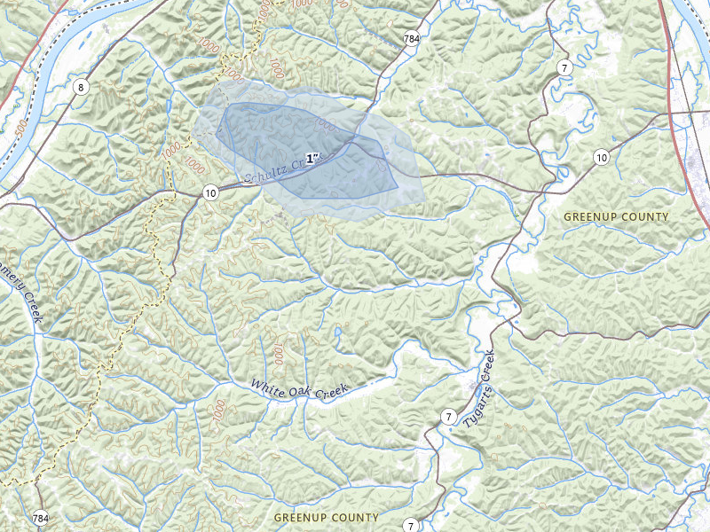 NEXRAD radar-signature map of the hail storm over Greenup, KY on Jul 27, 2026