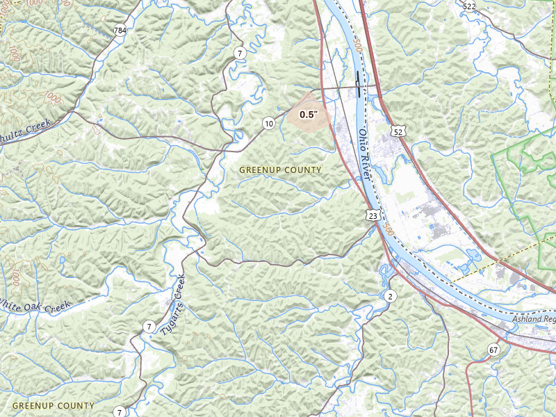 Radar-estimated hail-size map of the storm over Greenup, KY on Aug 9, 2026