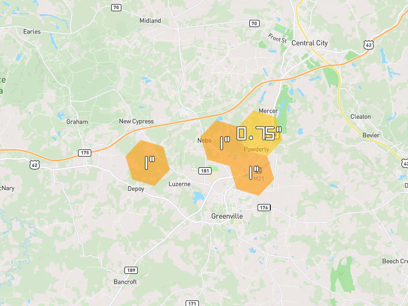 Hail map of Greenville, KY on Jul 5, 2026, hail up to 1"