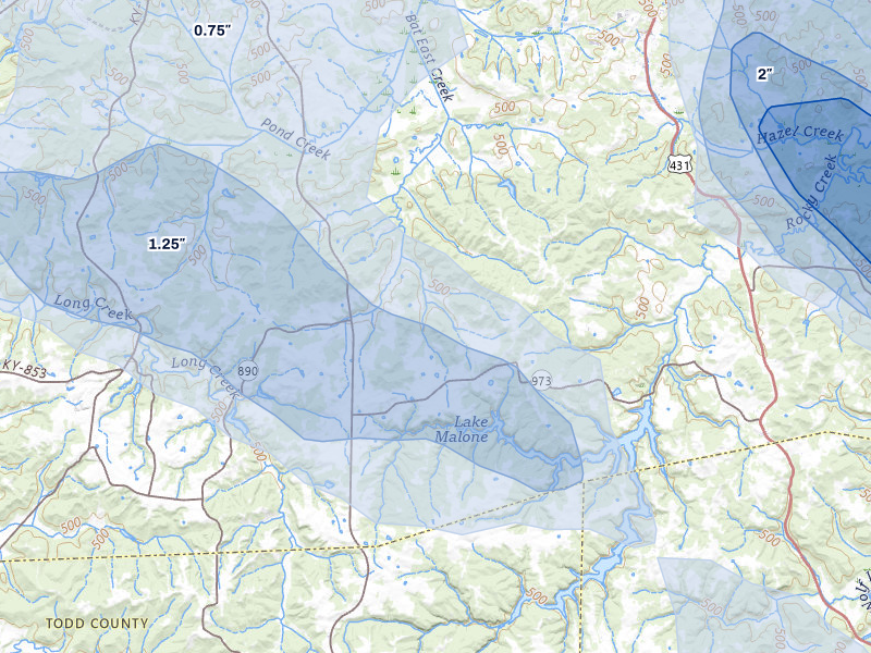 NEXRAD radar-signature map of the hail over Greenville, KY