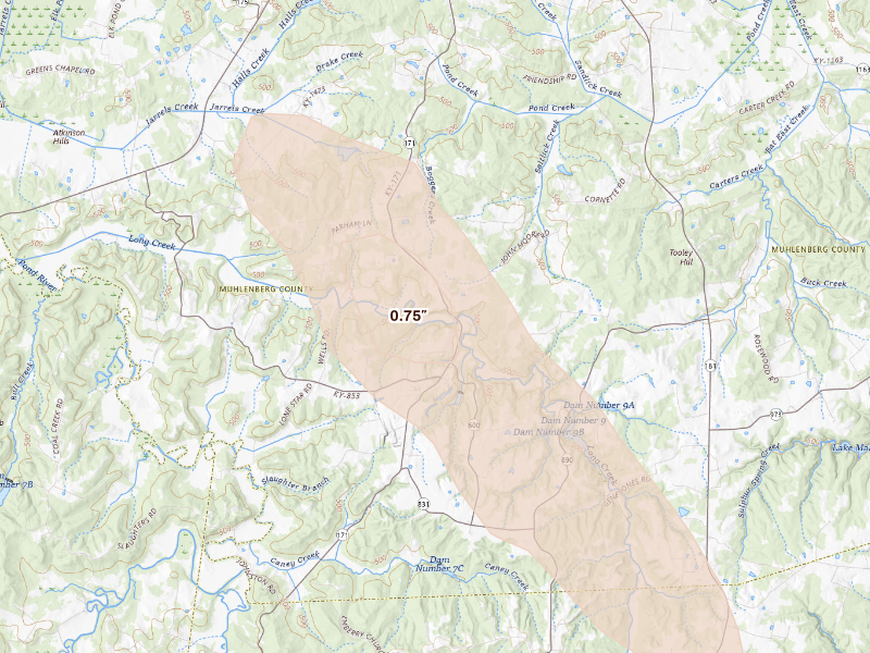 Radar-estimated hail-size map of the storm over Greenville, KY on Aug 22, 2026