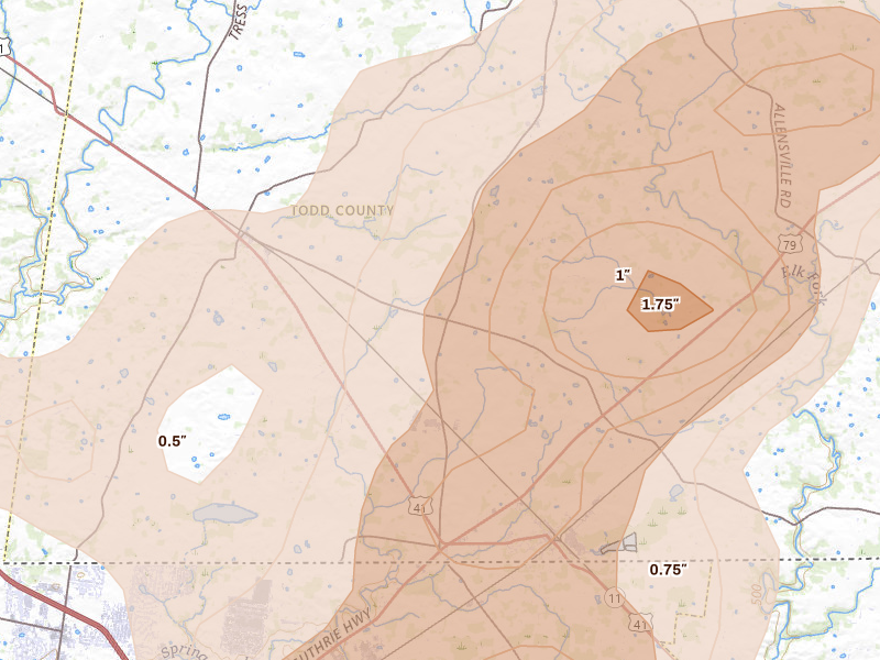Radar-estimated hail-size map of the storm over Guthrie, KY on Jul 2, 2026