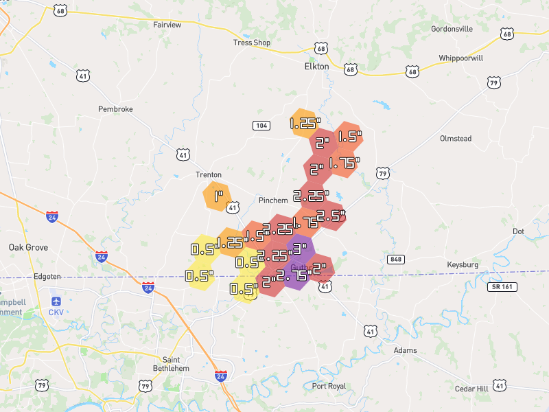 Hail map of Guthrie, KY on Jul 2, 2026, hail up to 3"