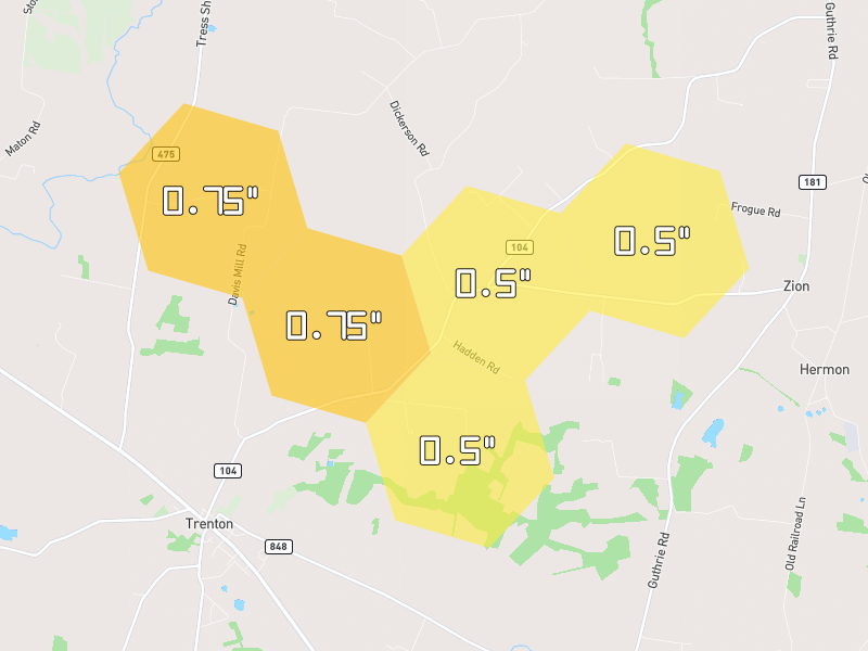Hail map of Guthrie, KY on Jul 3, 2026, hail up to 0.75"