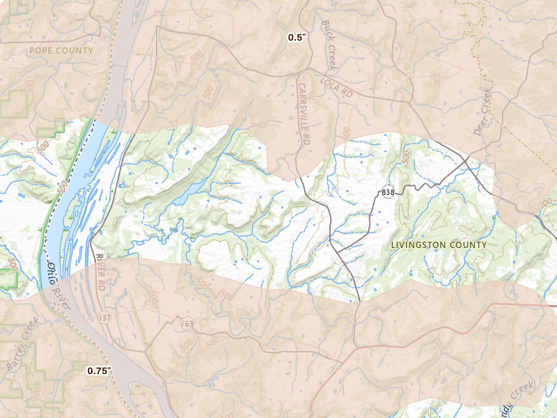 Radar-estimated hail-size map of the storm over Hampton, KY on Apr 27, 2026